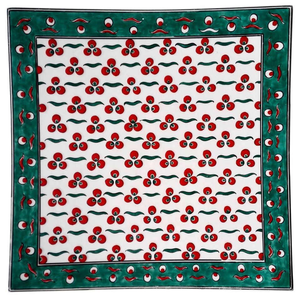 Yeşil Bordürlü Çintemani Kare Tabak